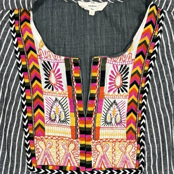 Entro Boho Striped Mini Dress with Colorful Embroidery - Size L - Picture 3 of 6